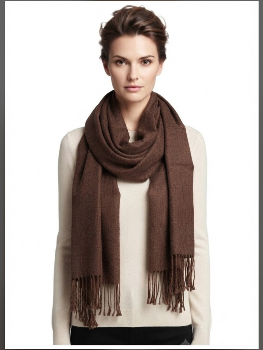 Large Brown Acrylic Fringe Shawl / Scarf / Wrap 79" x 29"